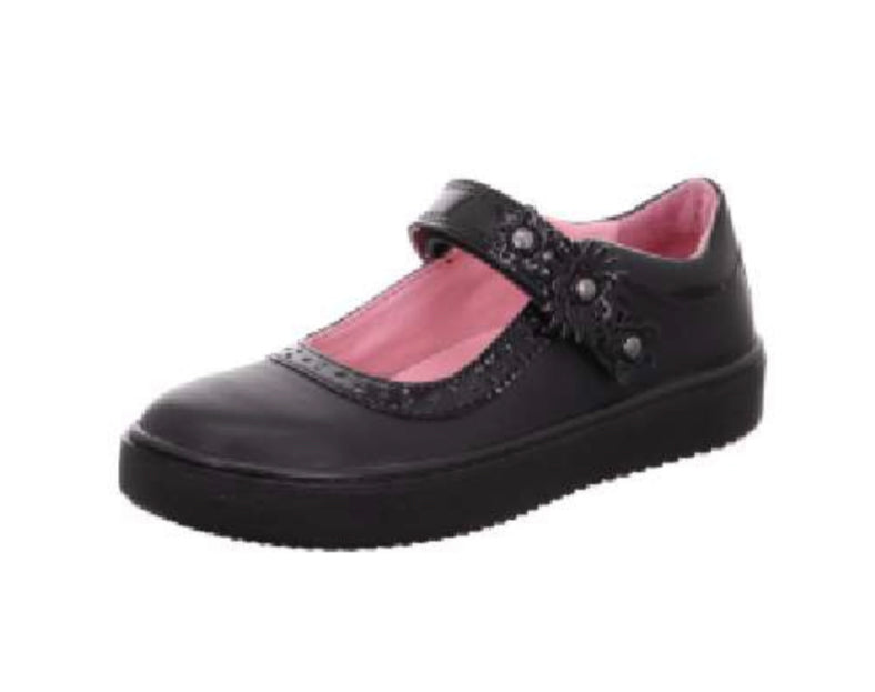 Superfit - Girls black leather shoe with flower detail